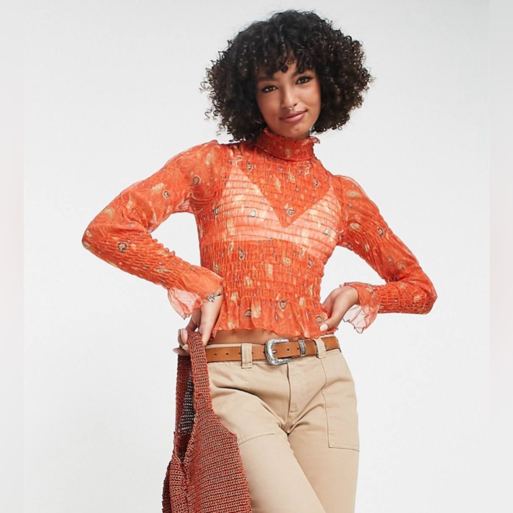 Free People floral print shirred mesh blouse